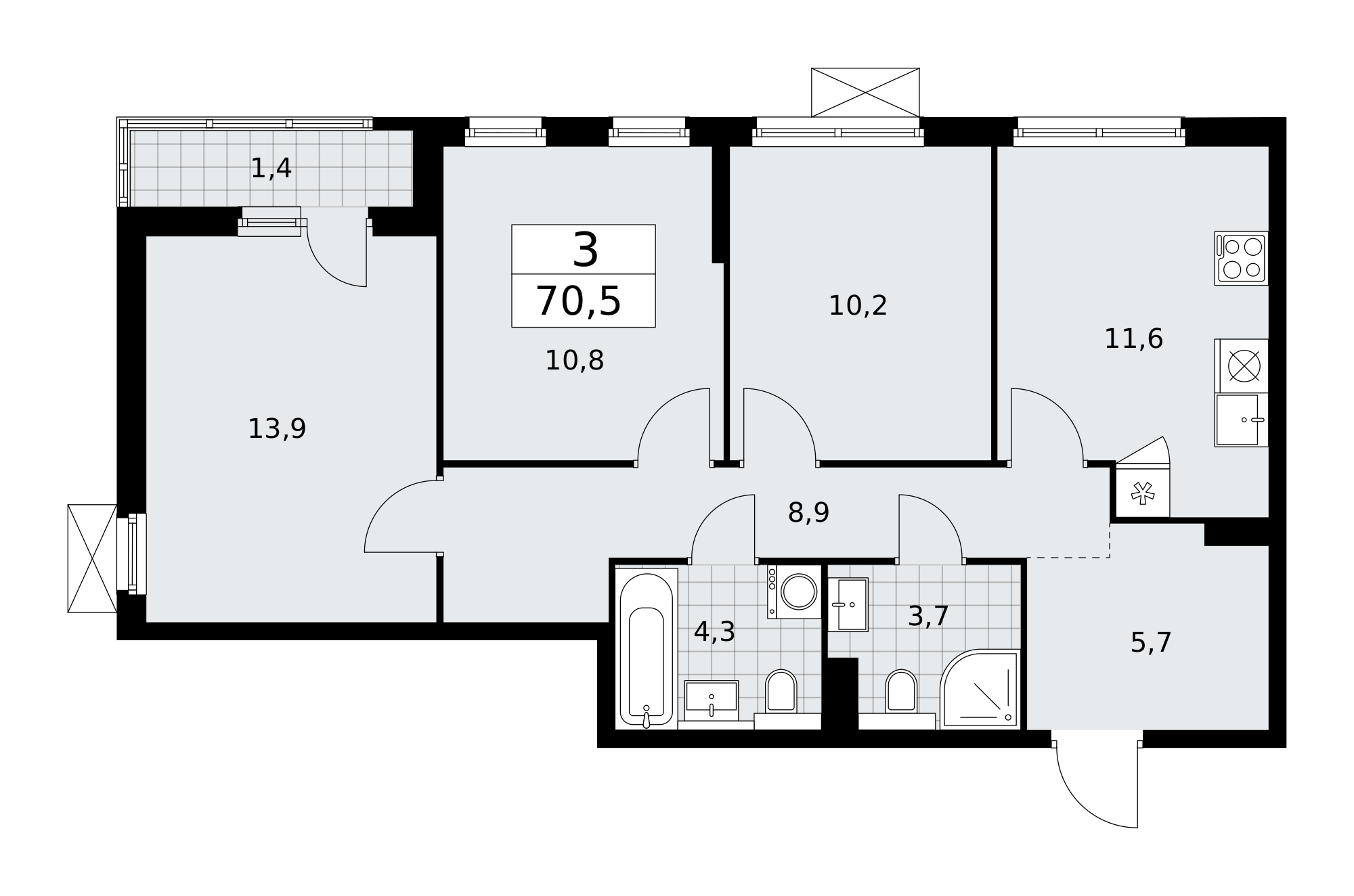 3-комнатная 70 м2 в ЖК Бунинские кварталы корпус null этаж 8