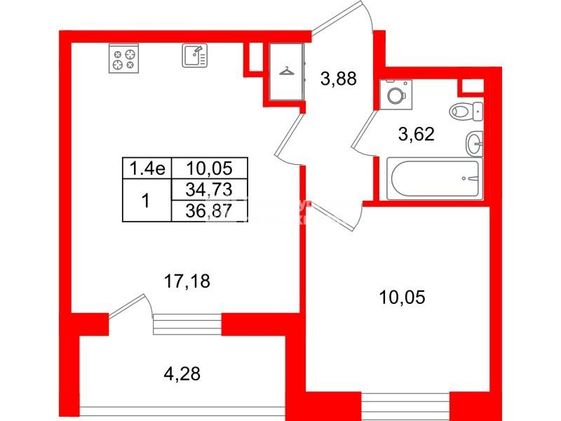 1-комнатная 34 м2 в ЖК Парадный ансамбль корпус null этаж 2