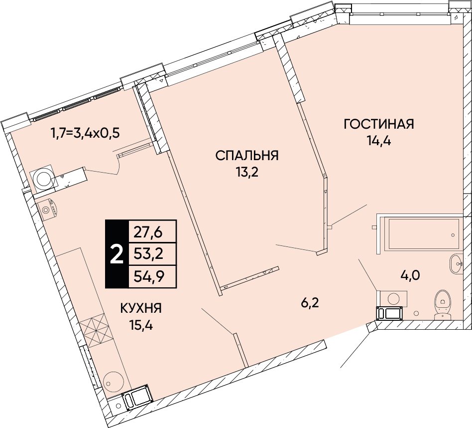 2-комнатная 54 м2 в ЖК Левобережье корпус null этаж 8