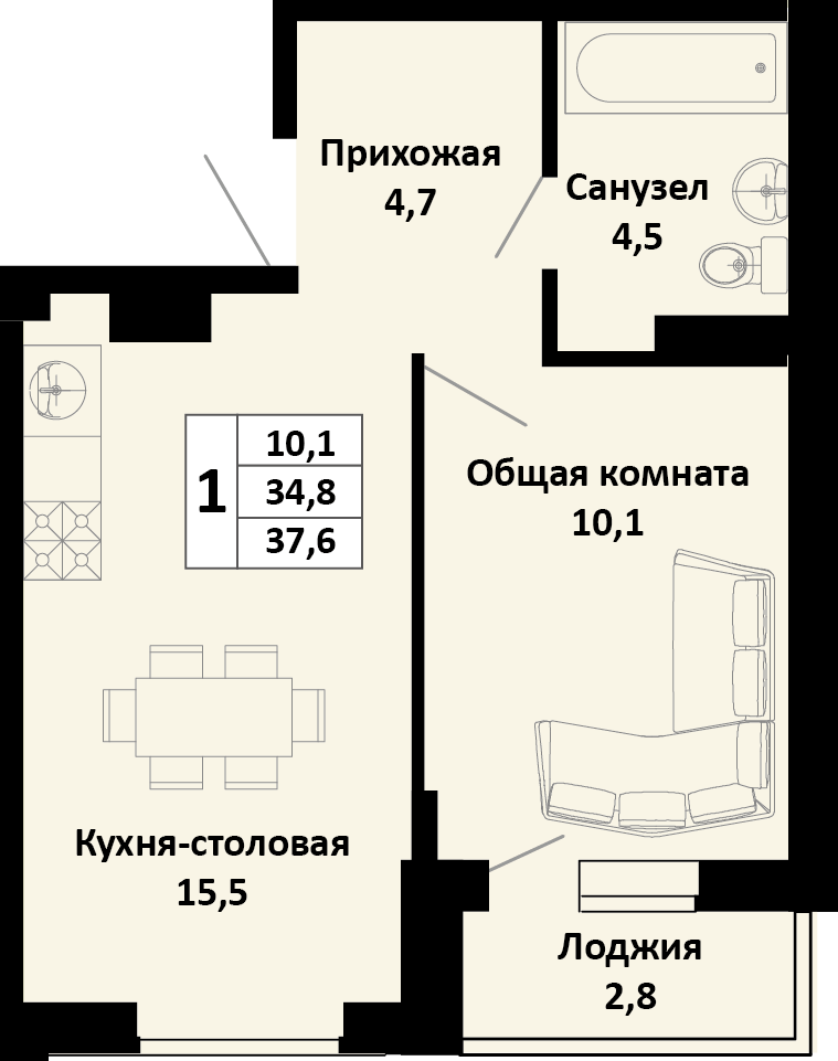 1-комнатная 37 м2 в ЖК Южные соседи корпус null этаж 3
