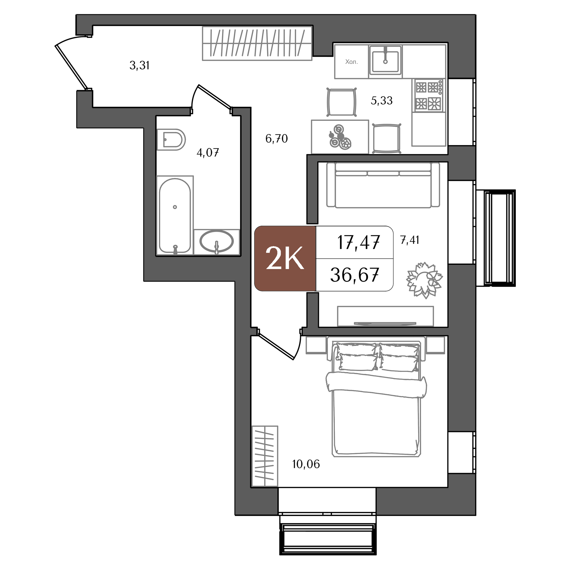 2-комнатная 36 м2 в ЖК Холмогоры корпус null этаж 9