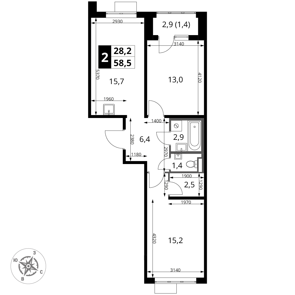2-комнатная 58 м2 в ЖК 1-й Донской корпус null этаж 13