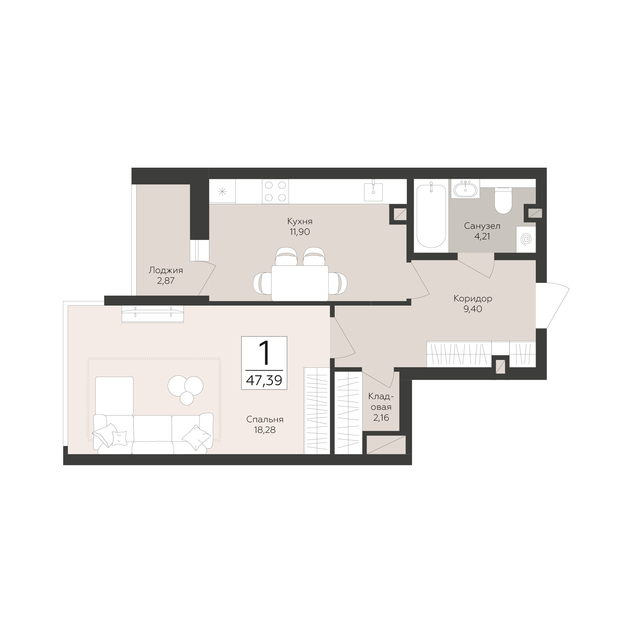 1-комнатная 47 м2 в ЖК Скай корпус null этаж 2