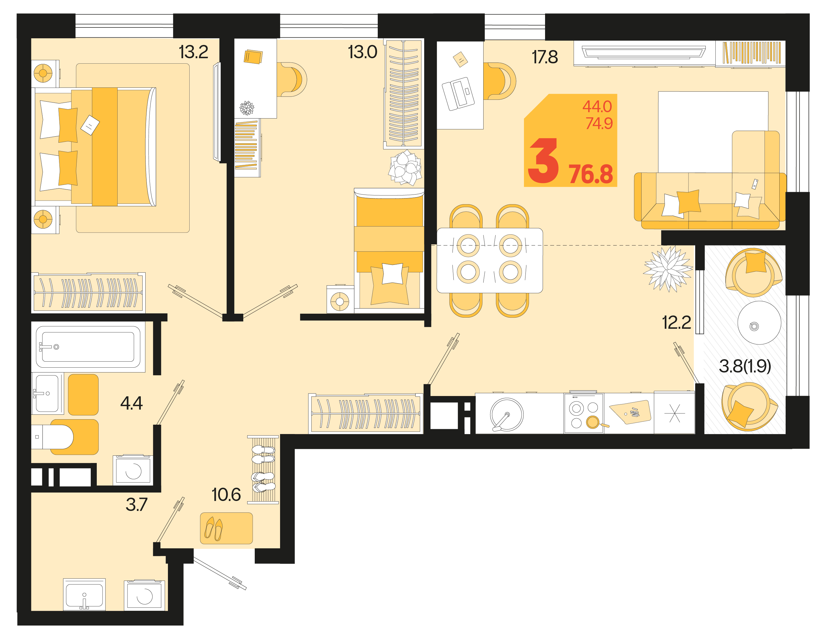 3-комнатная 76 м2 в ЖК Первое место корпус null этаж 16
