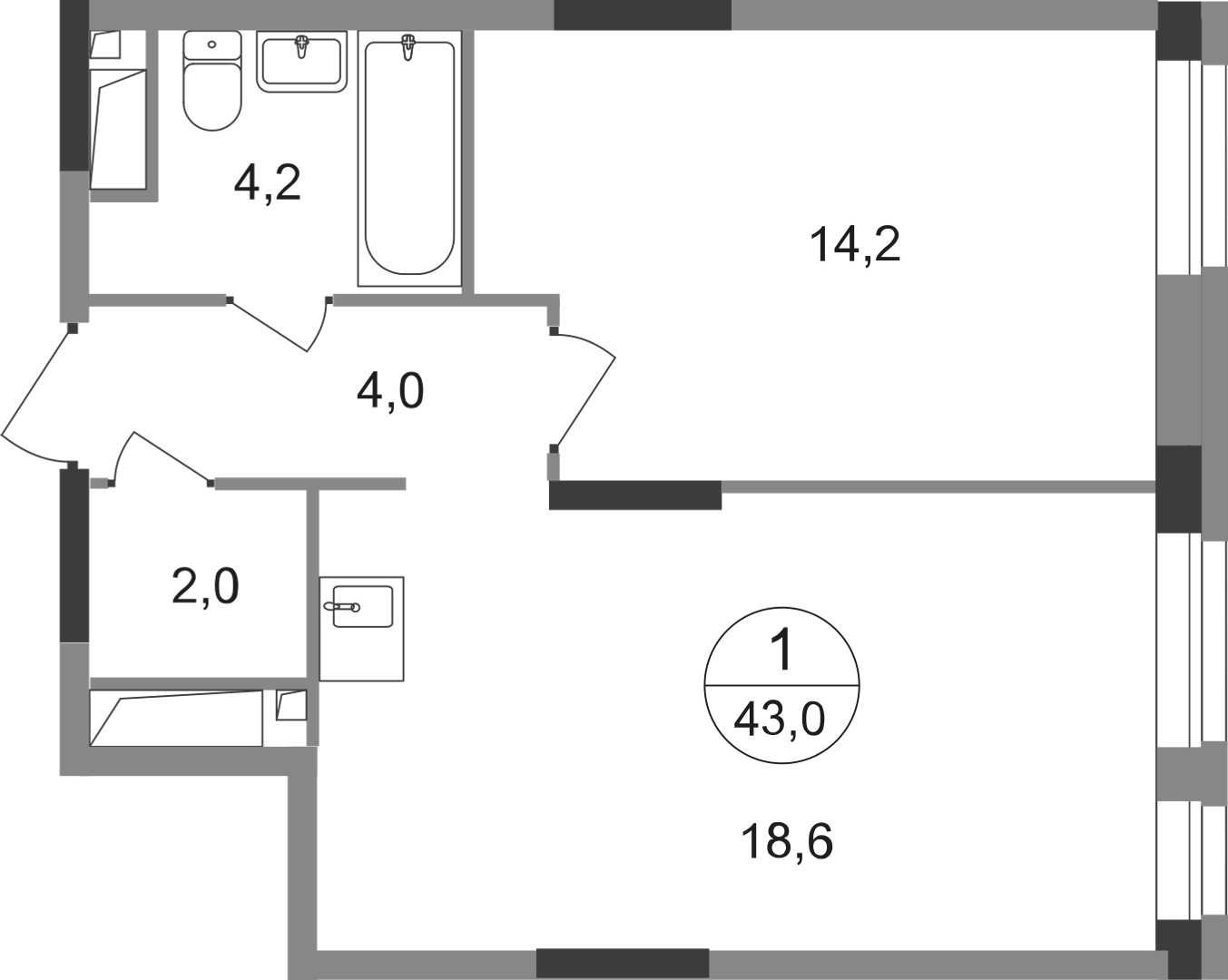 1-комнатная 43 м2 в ЖК Первый Московский корпус null этаж 6