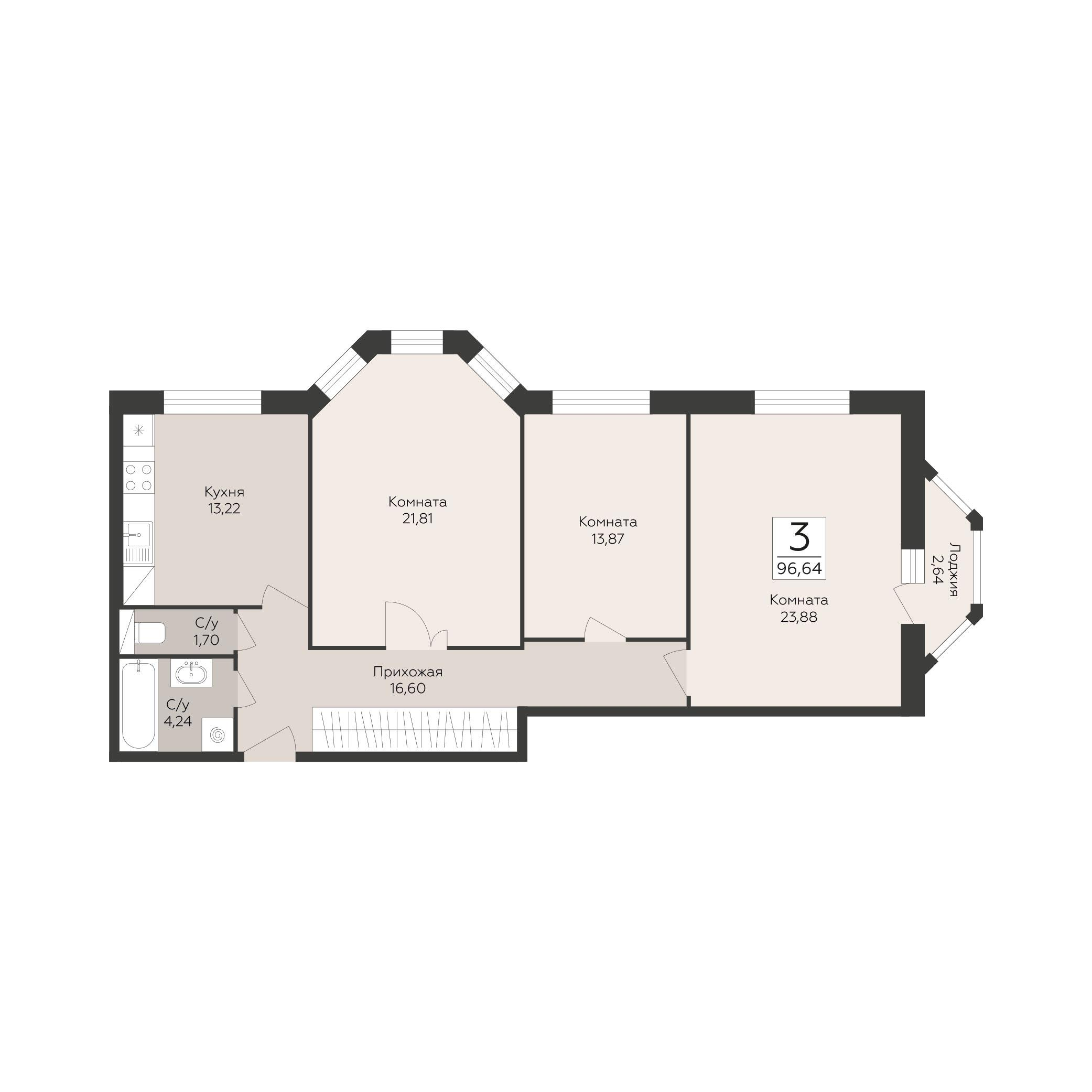 3-комнатная 96 м2 в ЖК Пахра Сити корпус null этаж 13