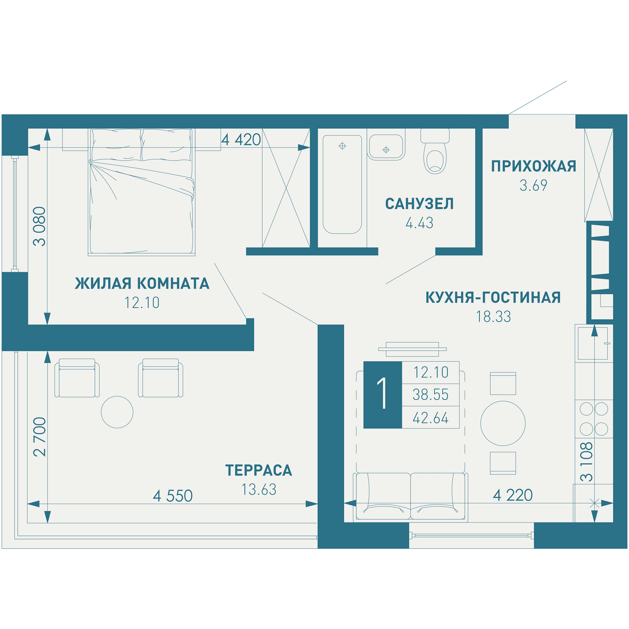 1-комнатная 52 м2 в ЖК ИНАЧЕ в Молодежном корпус null этаж 9
