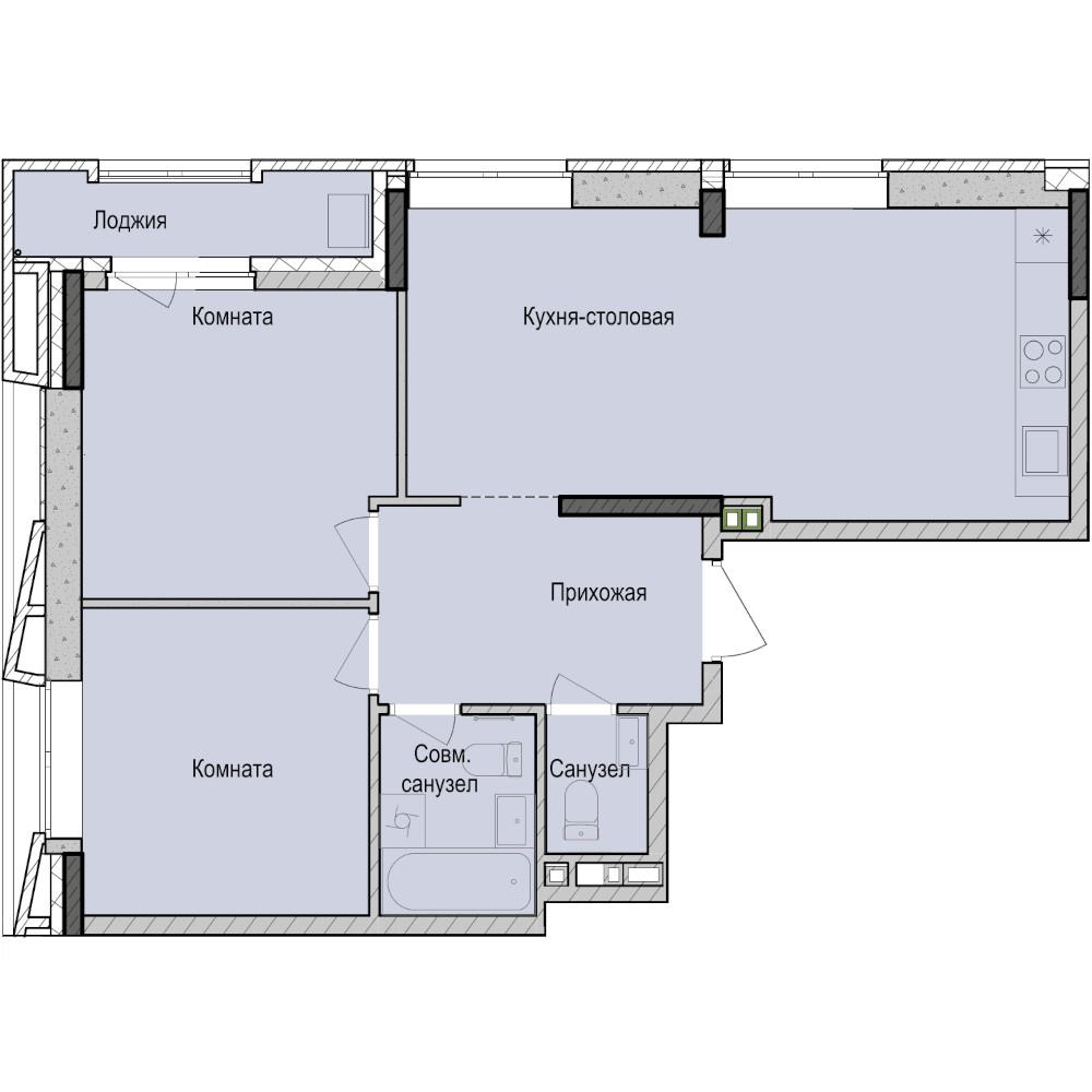 2-комнатная 62 м2 в ЖК Унай корпус null этаж 2