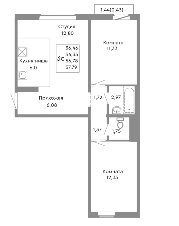 2-комнатная 56.4 м2 в ЖК undefined корпус null этаж 6