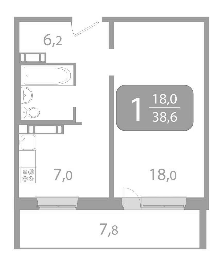 1-комнатная 38.6 м2 в ЖК undefined корпус null этаж 17
