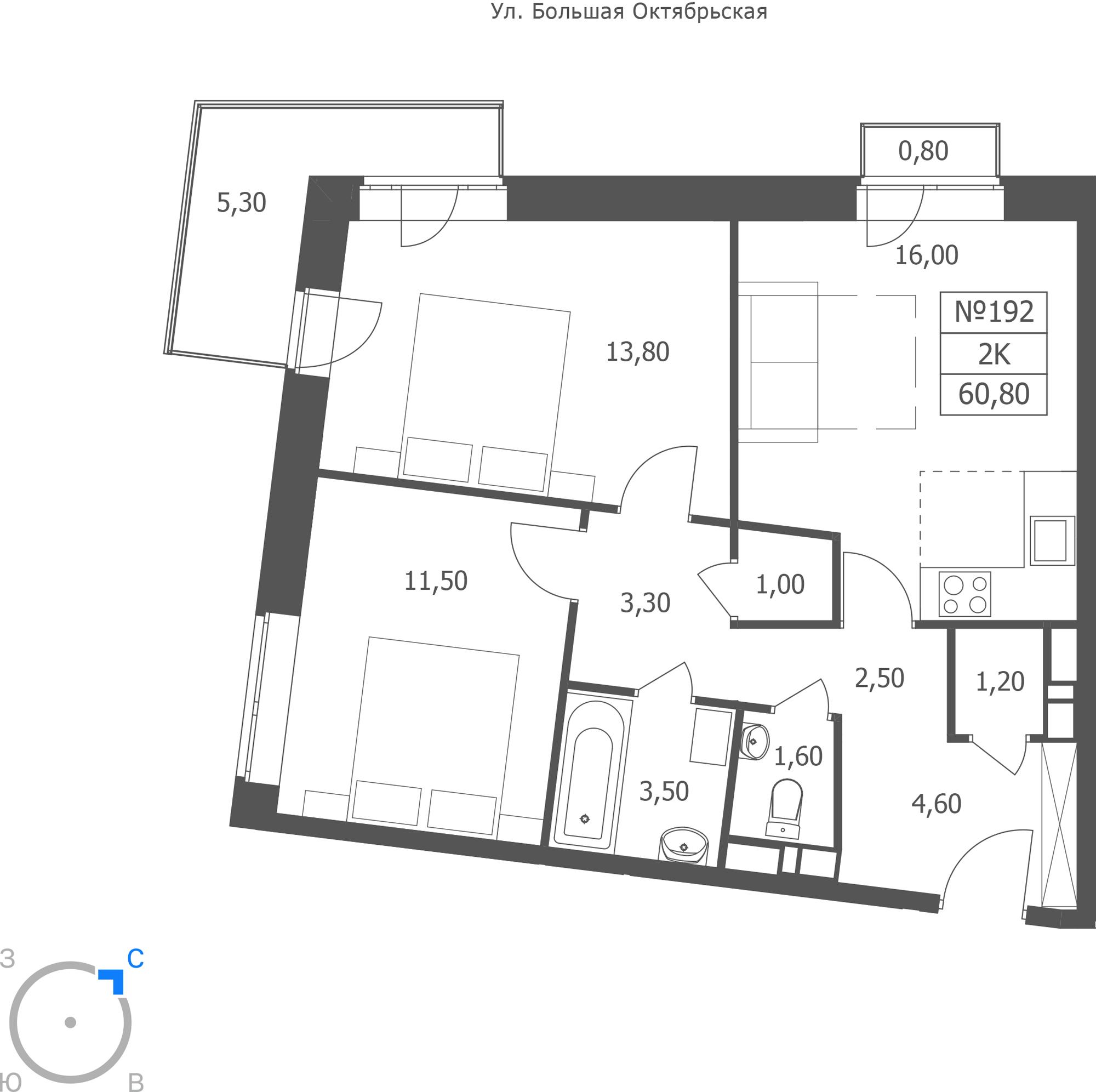 2-комнатная 60 м2 в ЖК ЭРА корпус null этаж 3