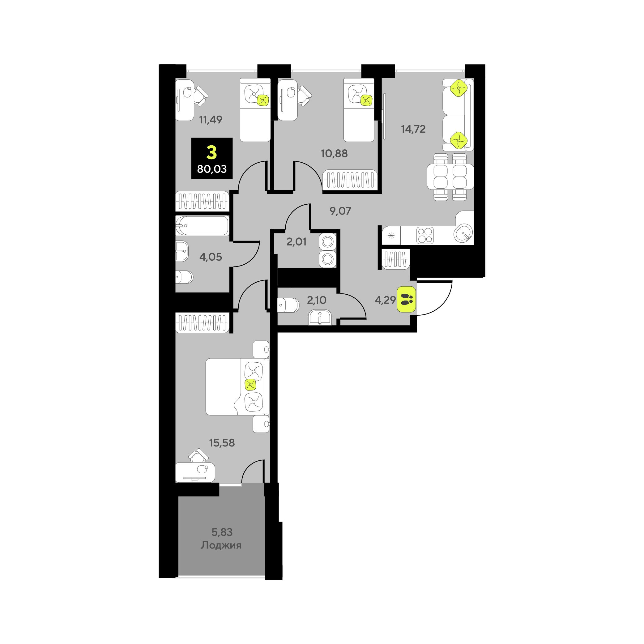 3-комнатная 80 м2 в ЖК Мотивы корпус null этаж 9