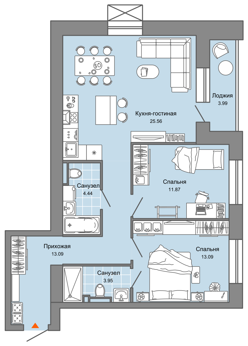3-комнатная 74 м2 в ЖК Зарядное корпус null этаж 7