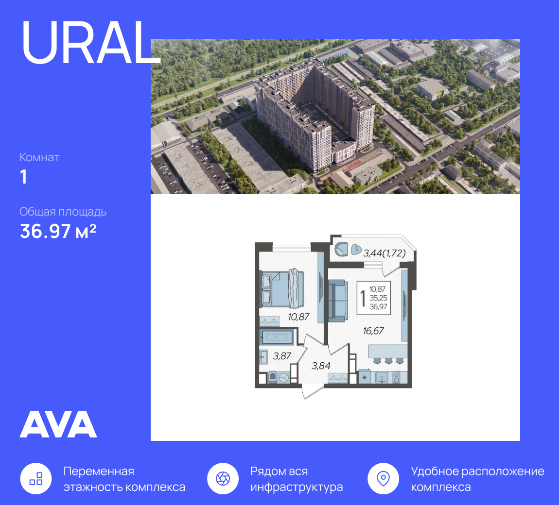 1-комнатная 36 м2 в ЖК URAL (Урал) корпус null этаж 20