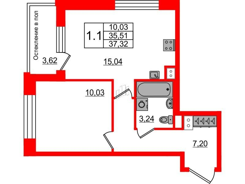 1-комнатная 35 м2 в ЖК Сенат корпус null этаж 3
