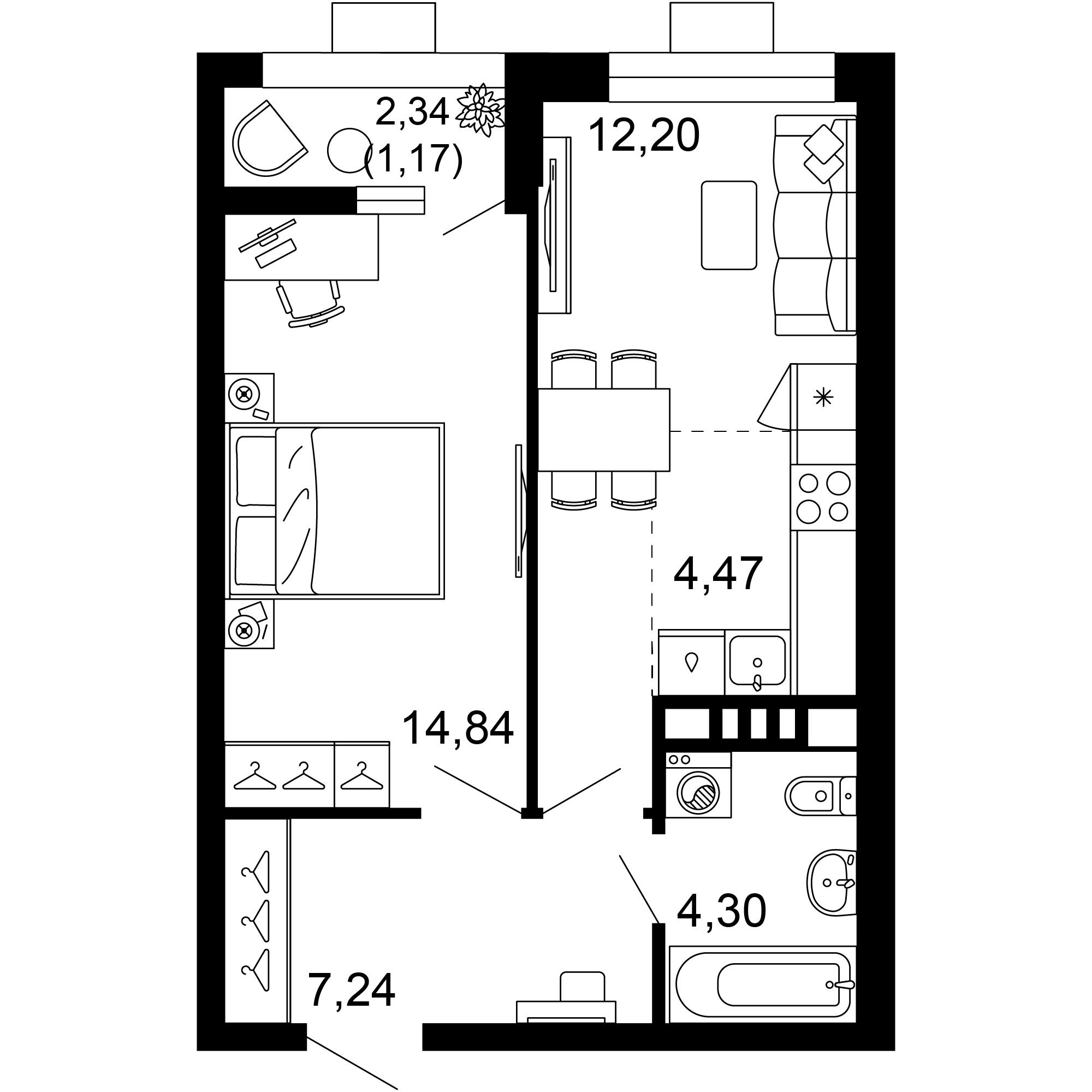 2-комнатная 44 м2 в ЖК 1799 корпус null этаж 8