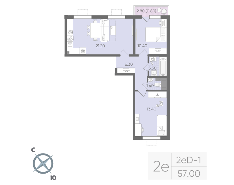 2-комнатная 56 м2 в ЖК Ручьи (2 оч.) корпус null этаж 15