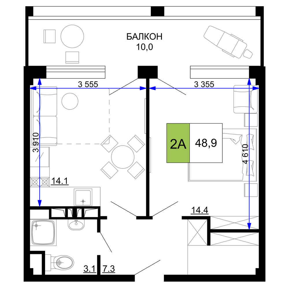 2-комнатная 48 м2 в ЖК Мореград корпус null этаж 8