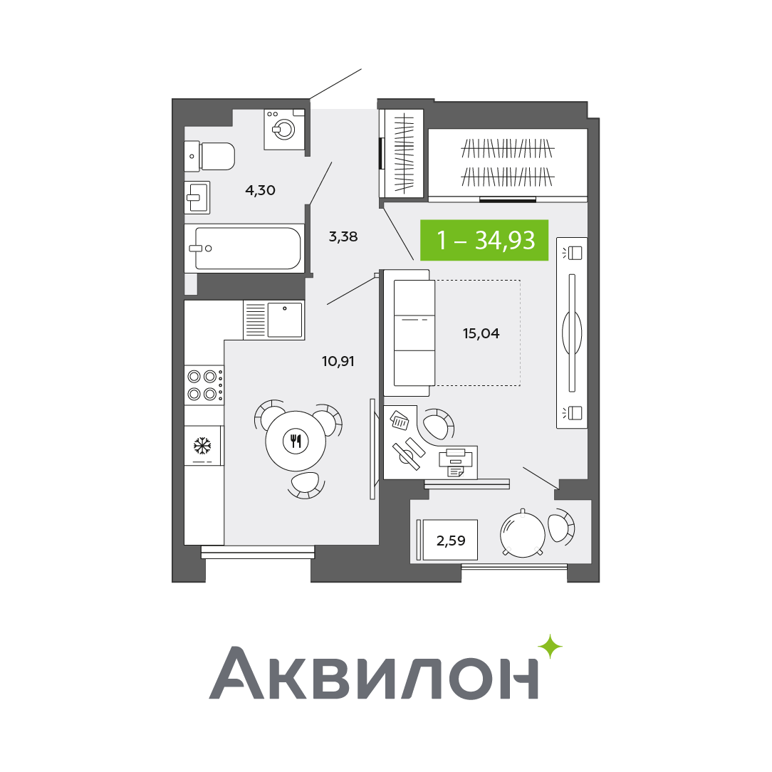 1-комнатная 34 м2 в ЖК Аквилон CITY Towers корпус null этаж 15
