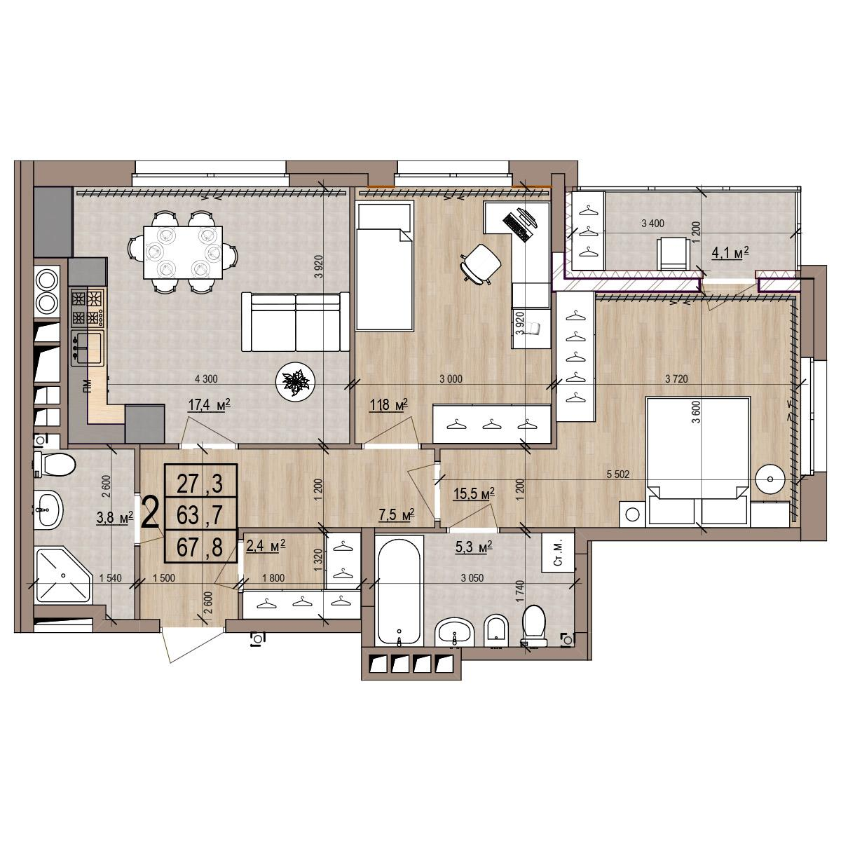2-комнатная 67 м2 в ЖК Окская стрелка корпус null этаж 2