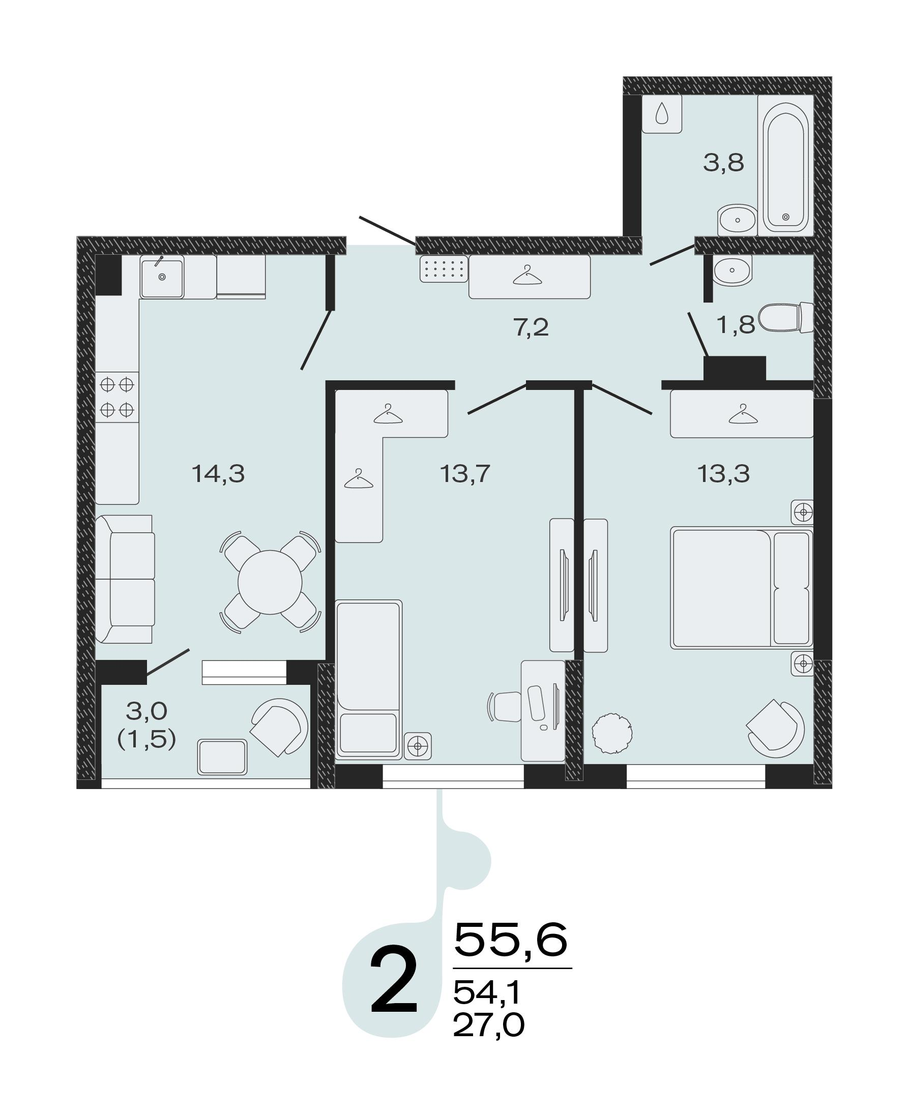 2-комнатная 55 м2 в ЖК ЭВО корпус null этаж 2