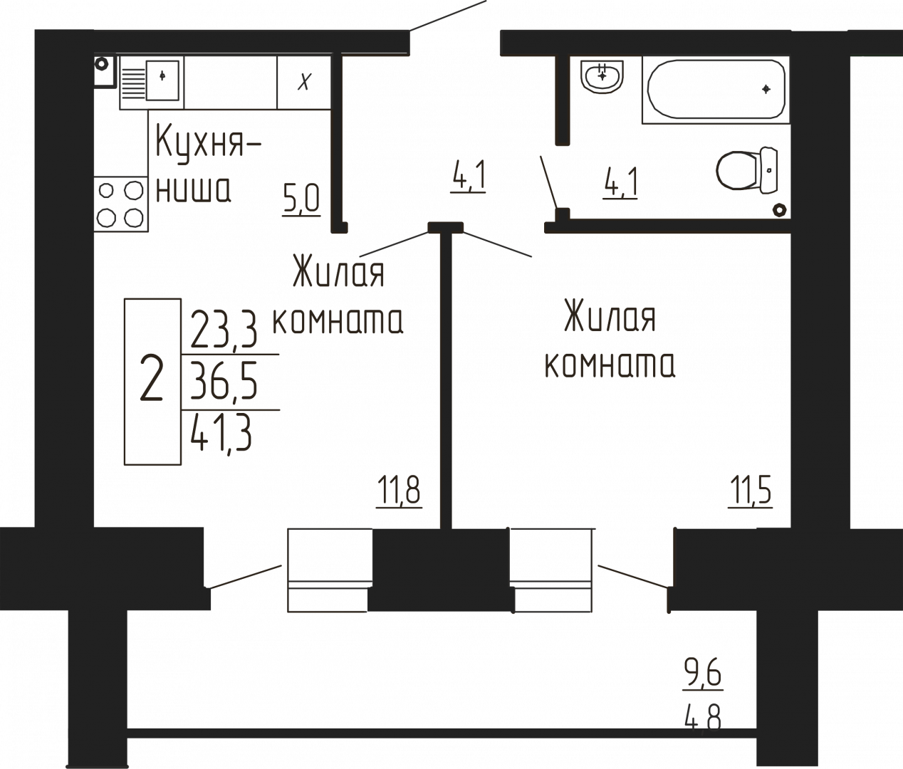 2-комнатная 41.3 м2 в ЖК undefined корпус null этаж 9