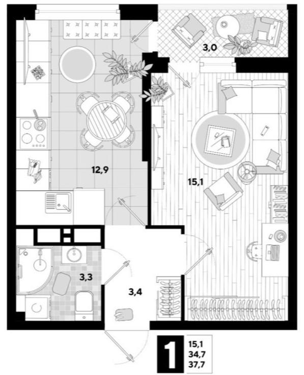 1-комнатная 37.7 м2 в ЖК undefined корпус null этаж 14