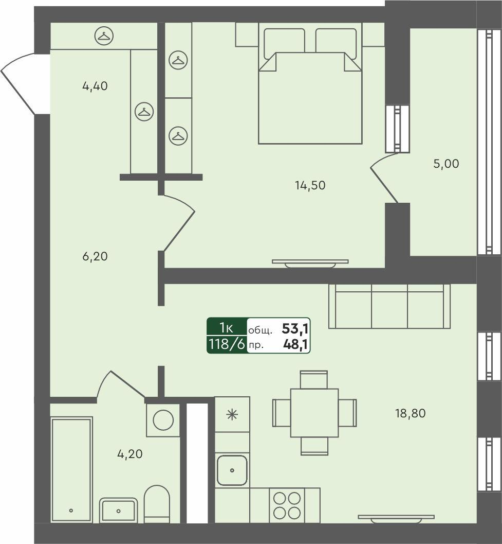 1-комнатная 53 м2 в ЖК Ритмы корпус null этаж 7