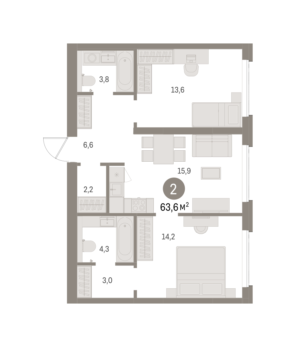 2-комнатная 63 м2 в ЖК Северный ветер корпус null этаж 4