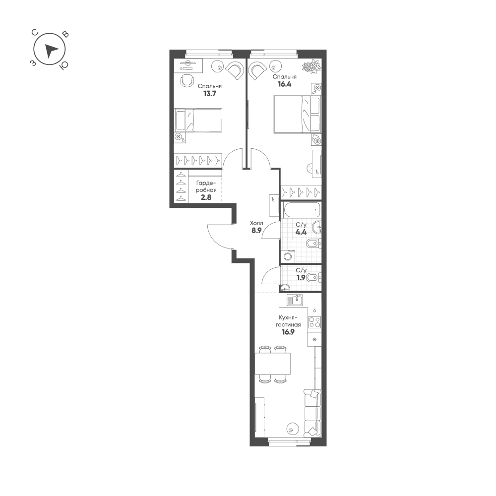 2-комнатная 65 м2 в ЖК Шагал корпус null этаж 9
