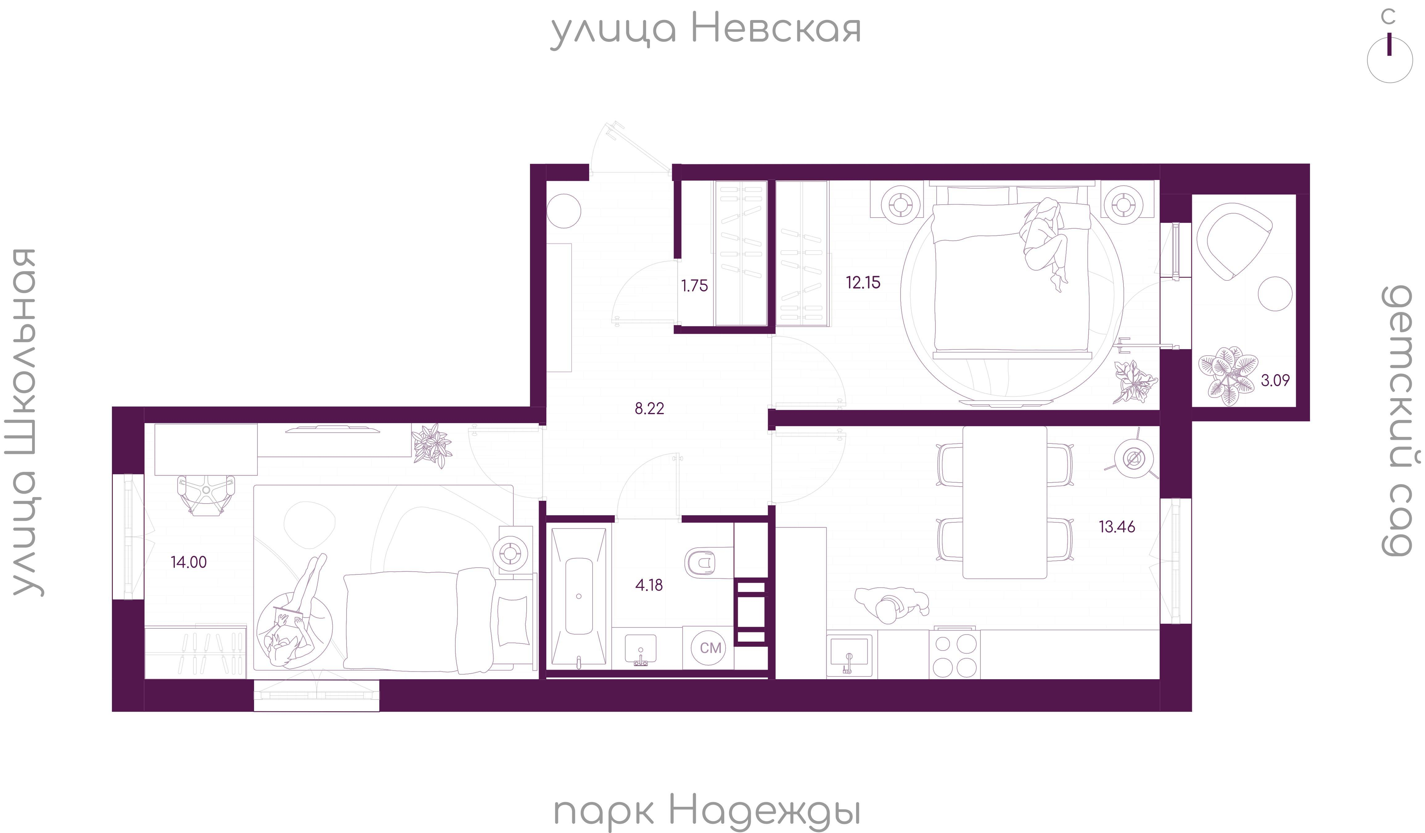 2-комнатная 54 м2 в ЖК Дубровка.Park корпус null этаж 4