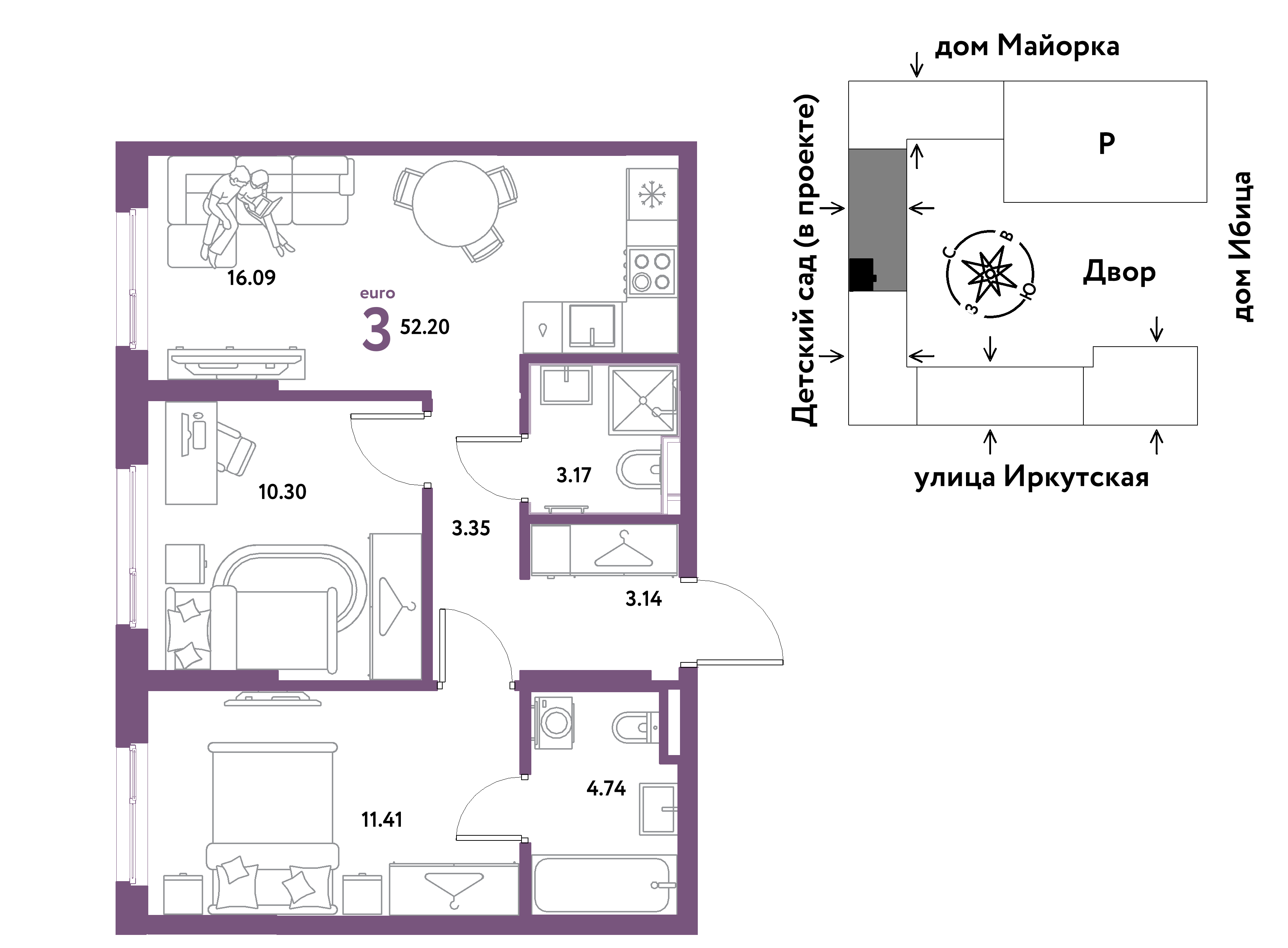 3-комнатная 52 м2 в ЖК Остров-сад корпус null этаж 10
