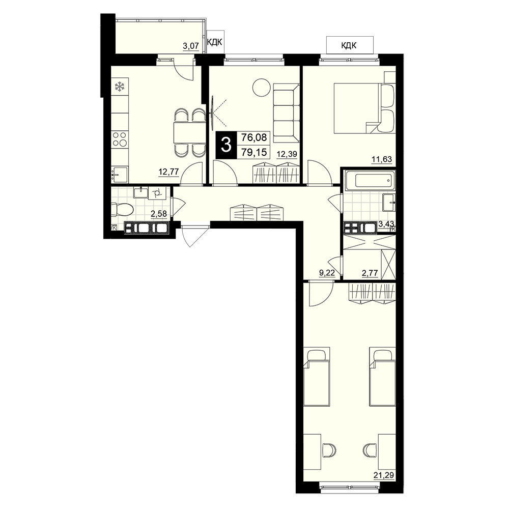 3-комнатная 77 м2 в ЖК Макрорайон Амград корпус null этаж 5