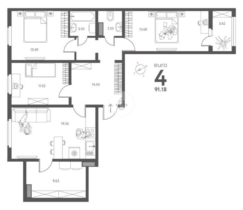 4-комнатная 91.2 м2 в ЖК undefined корпус null этаж 5