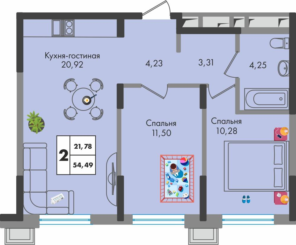 2-комнатная 54 м2 в ЖК Зеленая территория корпус null этаж 2