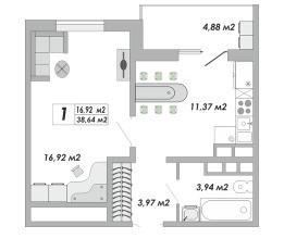 1-комнатная 38.6 м2 в ЖК undefined корпус null этаж 8