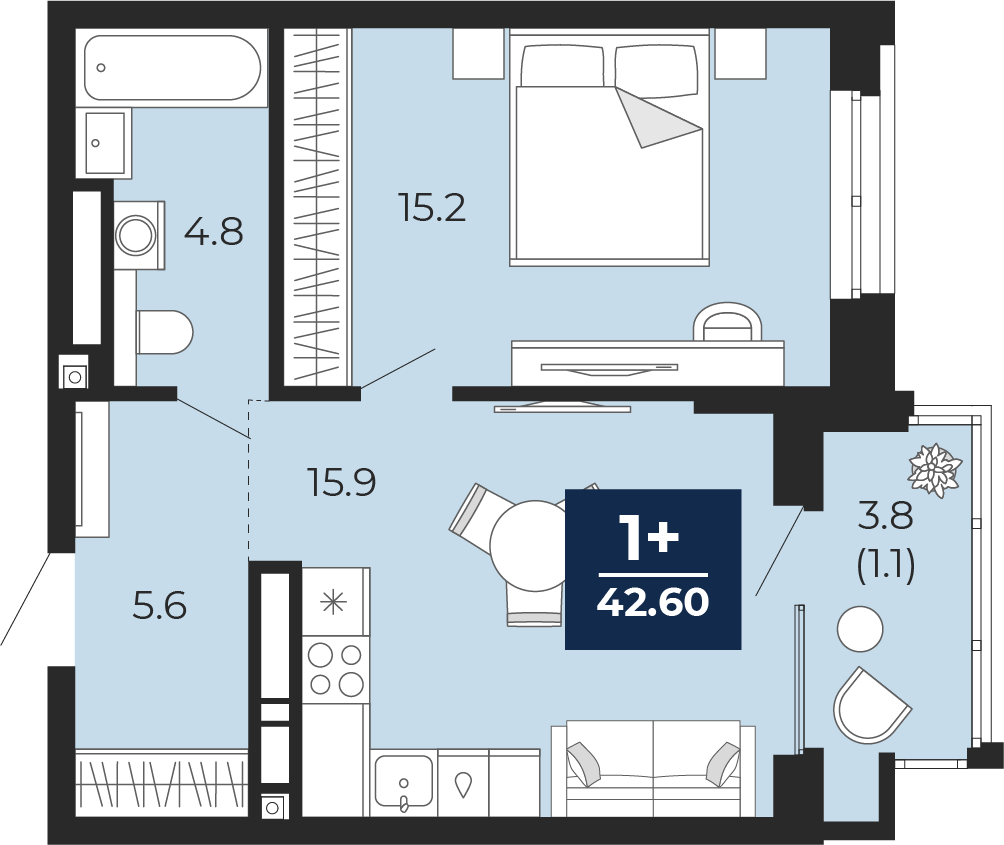 1-комнатная 41 м2 в ЖК Мириады корпус null этаж 8