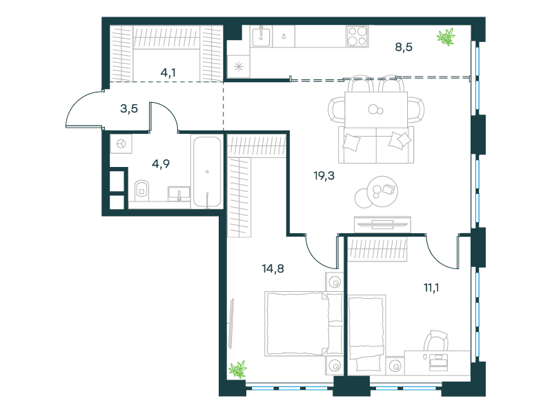 3-комнатная 66 м2 в ЖК Level Южнопортовая корпус null этаж 10