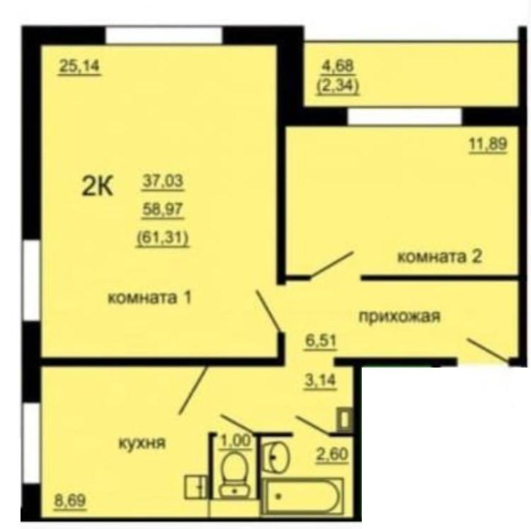 2-комнатная 59 м2 в ЖК undefined корпус null этаж 7