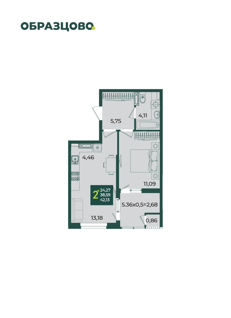 2-комнатная 42 м2 в ЖК Образцово корпус null этаж 17
