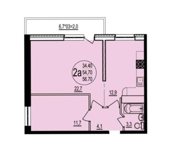 2-комнатная 53.8 м2 в ЖК undefined корпус null этаж 8
