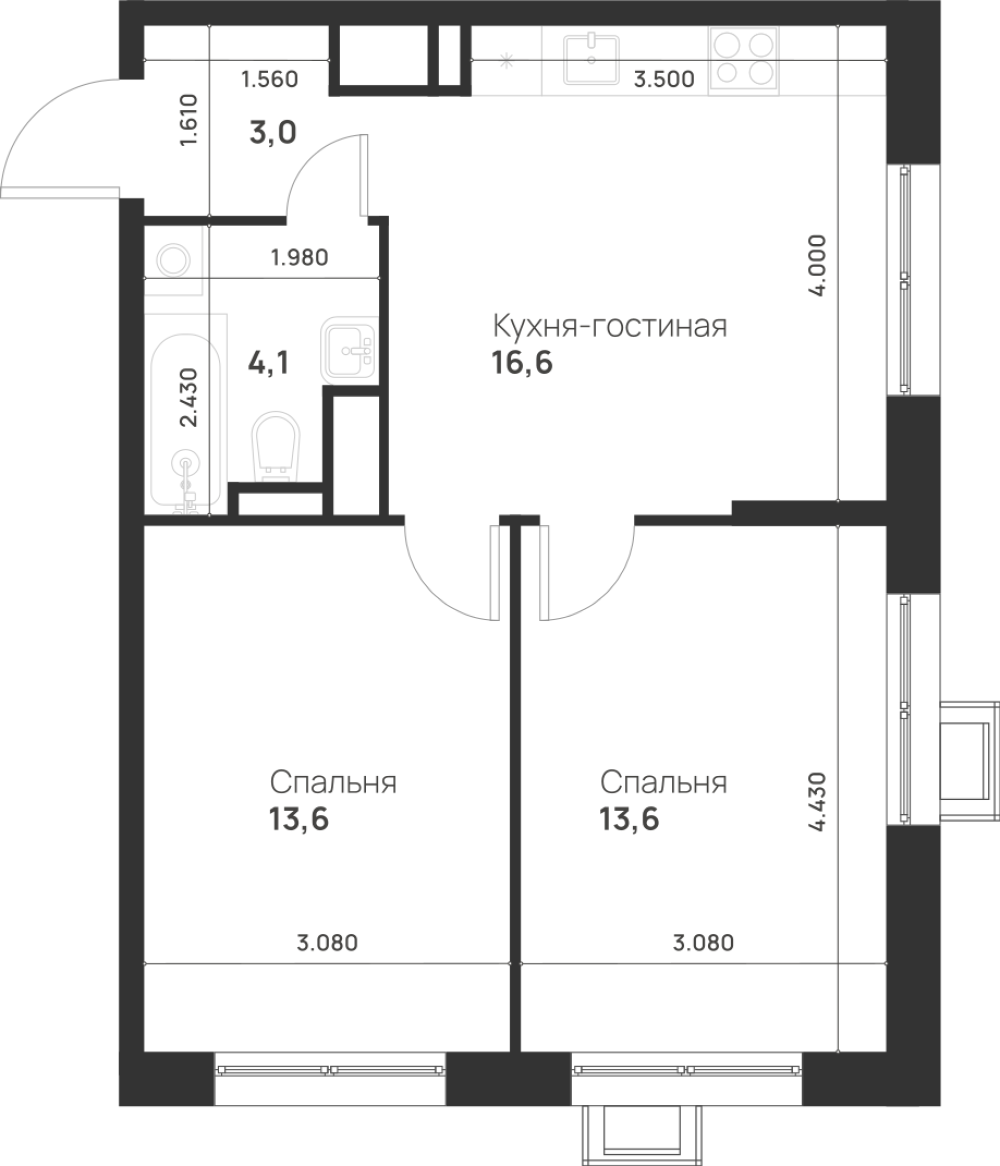 2-комнатная 50 м2 в ЖК Foreville корпус null этаж 13