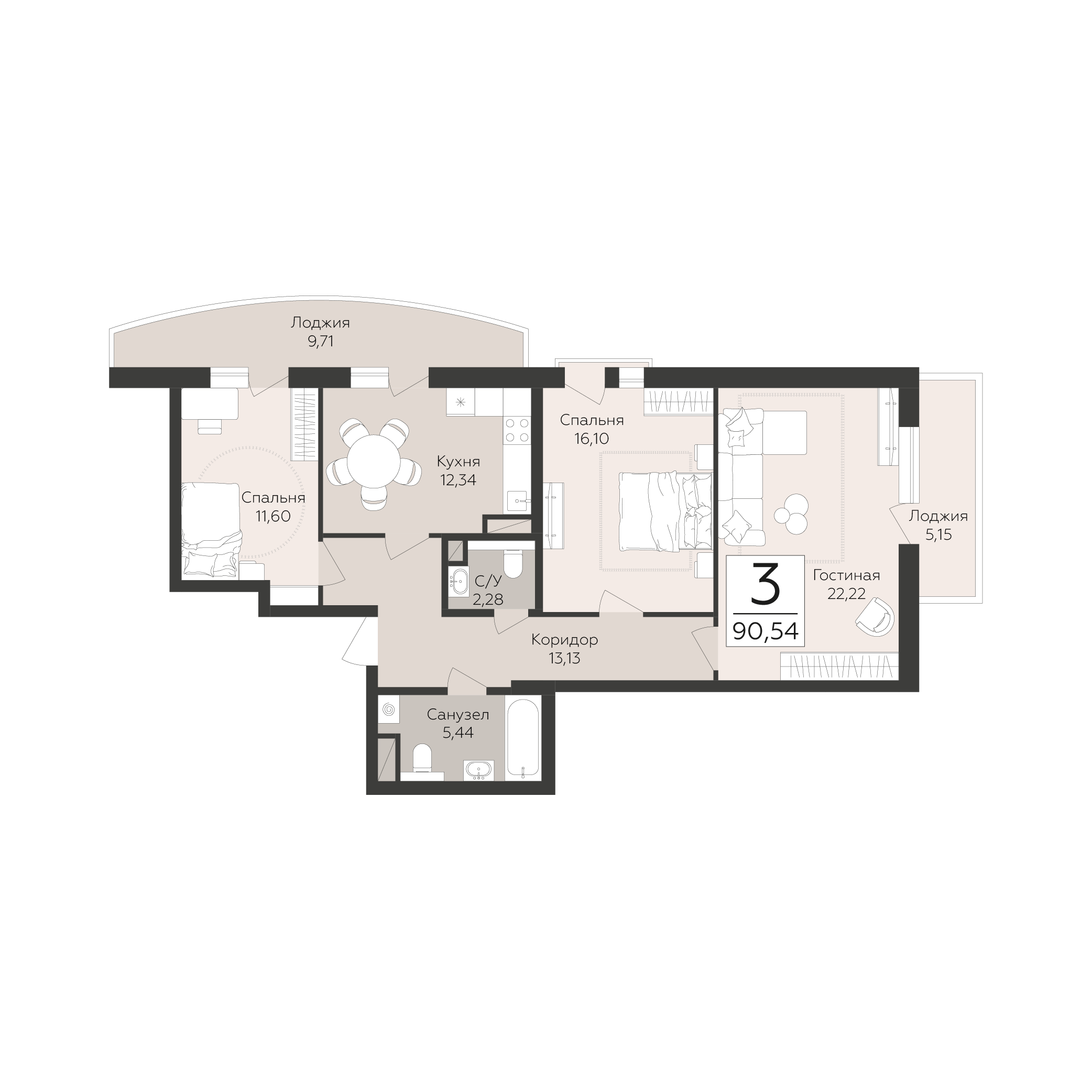 3-комнатная 90 м2 в ЖК Скай корпус null этаж 5