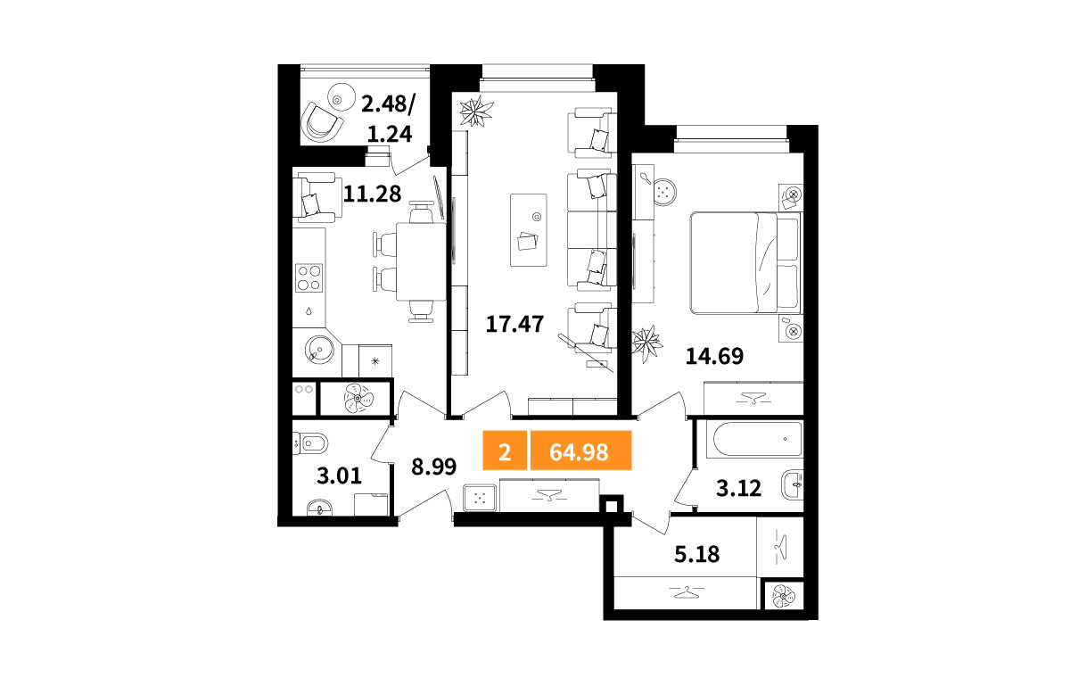 2-комнатная 64 м2 в ЖК Планерный квартал корпус null этаж 1
