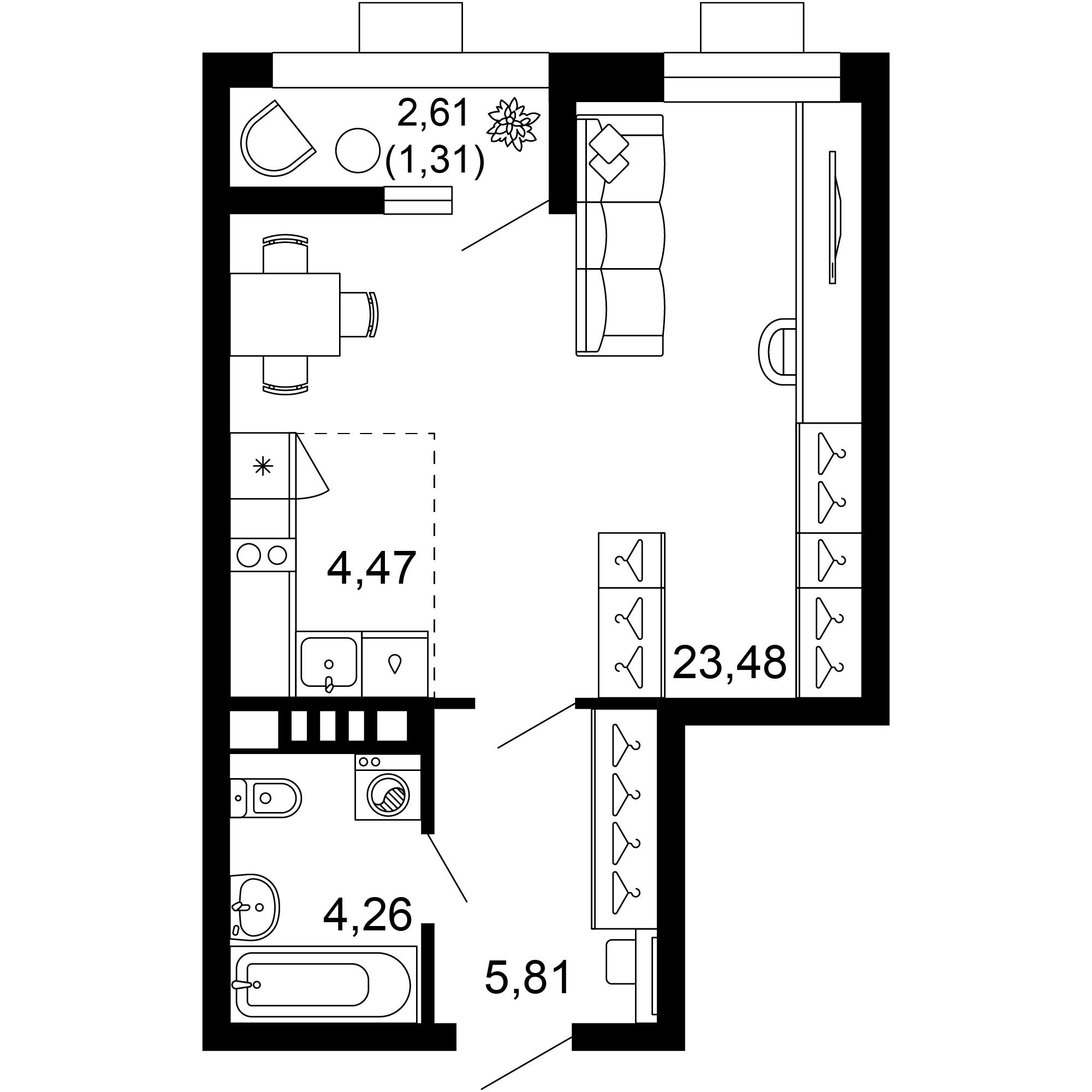 1-комнатная 39 м2 в ЖК 1799 корпус null этаж 5