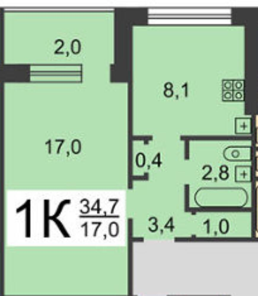 1-комнатная 34.7 м2 в ЖК undefined корпус null этаж 4