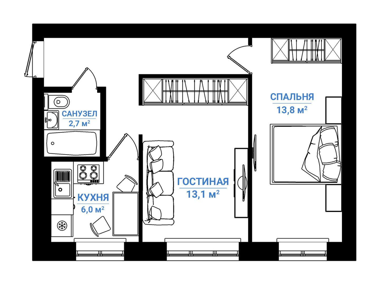2-комнатная 42.1 м2 в ЖК undefined корпус null этаж 1