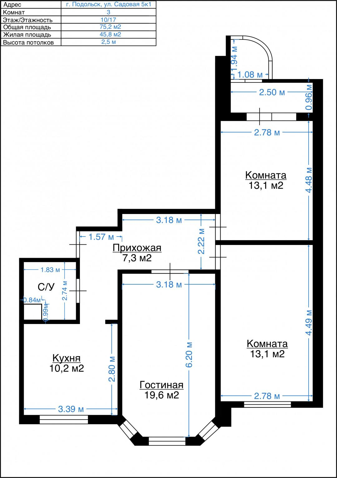 3-комнатная 75.2 м2 в ЖК undefined корпус null этаж 10