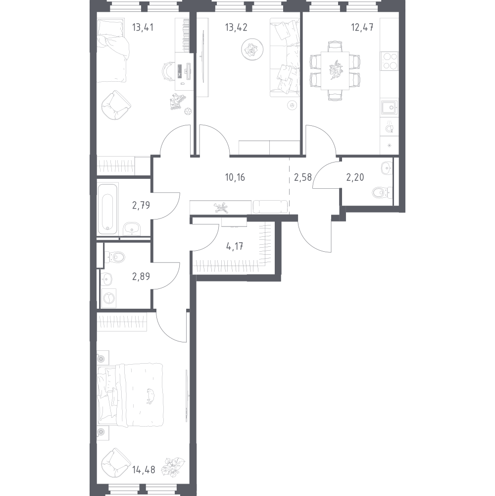3-комнатная 78 м2 в ЖК Космический Квартал корпус null этаж 3