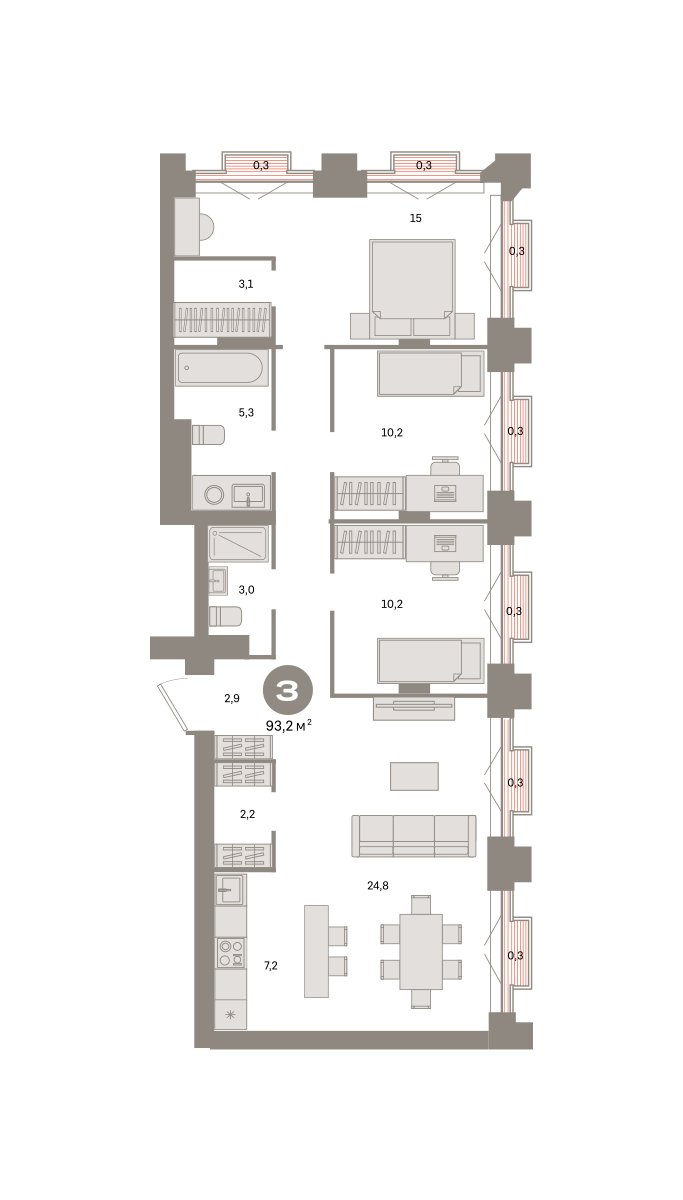 3-комнатная 93 м2 в ЖК Метроном корпус null этаж 30